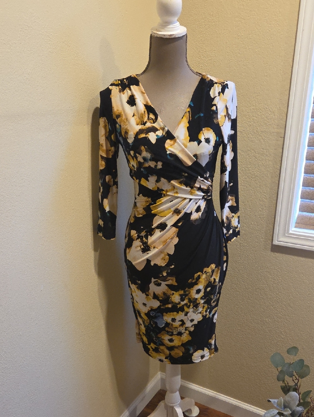 Ralph Lauren Black Floral Wrap-Style Long Sleeve Dress with Yellow Accents